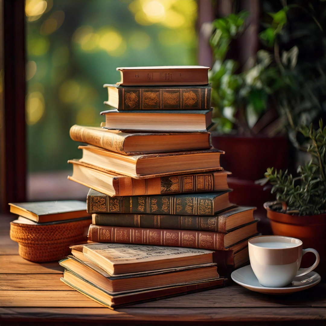 Stapel boeken op een tafel met een  kopje koffie